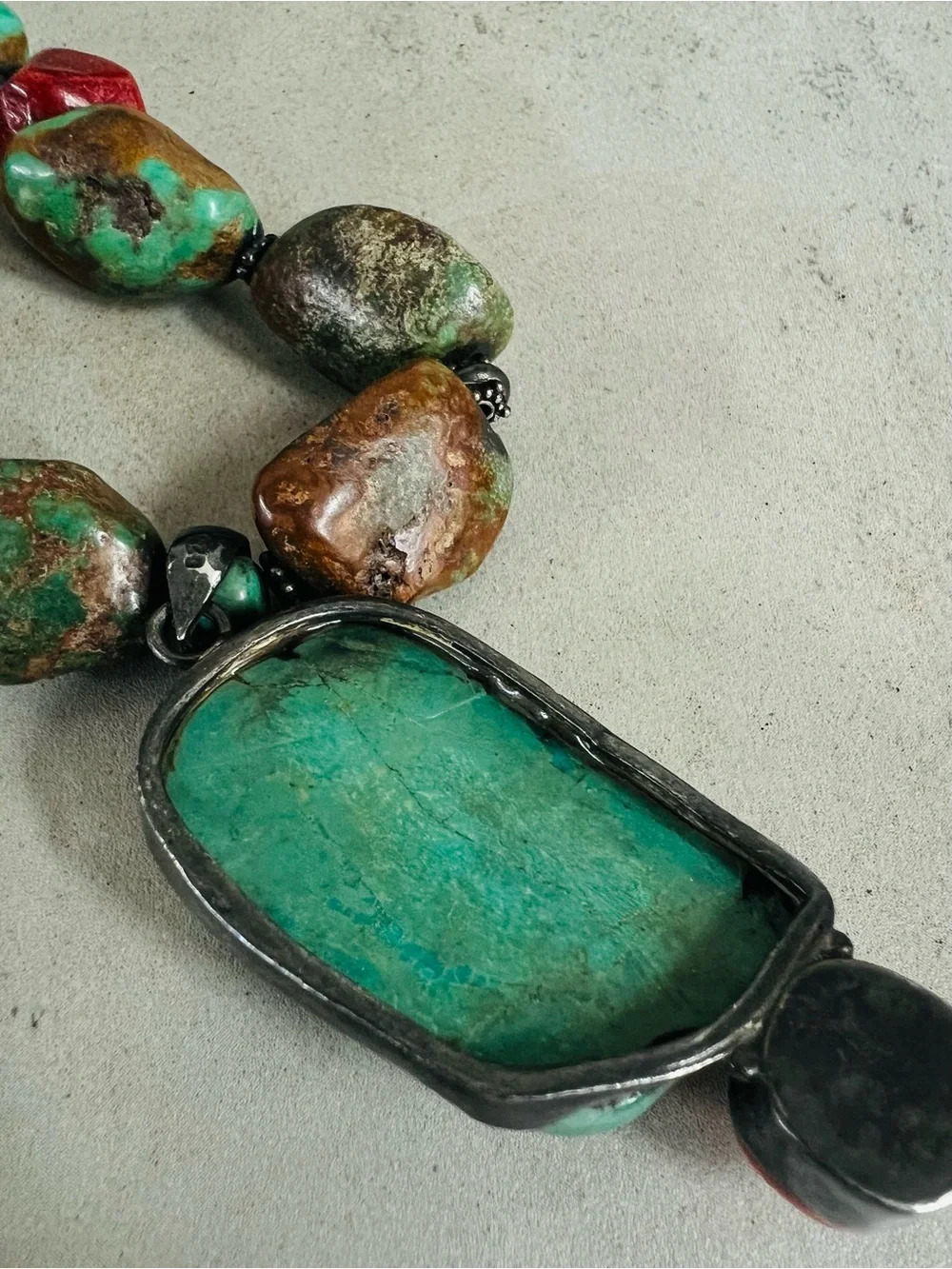 Paige Wallace for Marushka Sterling Coral Turquoise Pendant Necklace 19in